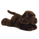 A brown Labrador retriever plush toy with floppy ears and a friendly, cuddly look by Aurora stuffed animals.