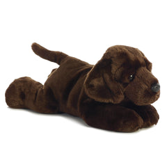 A brown Labrador retriever plush toy with floppy ears and a friendly, cuddly look by Aurora stuffed animals.