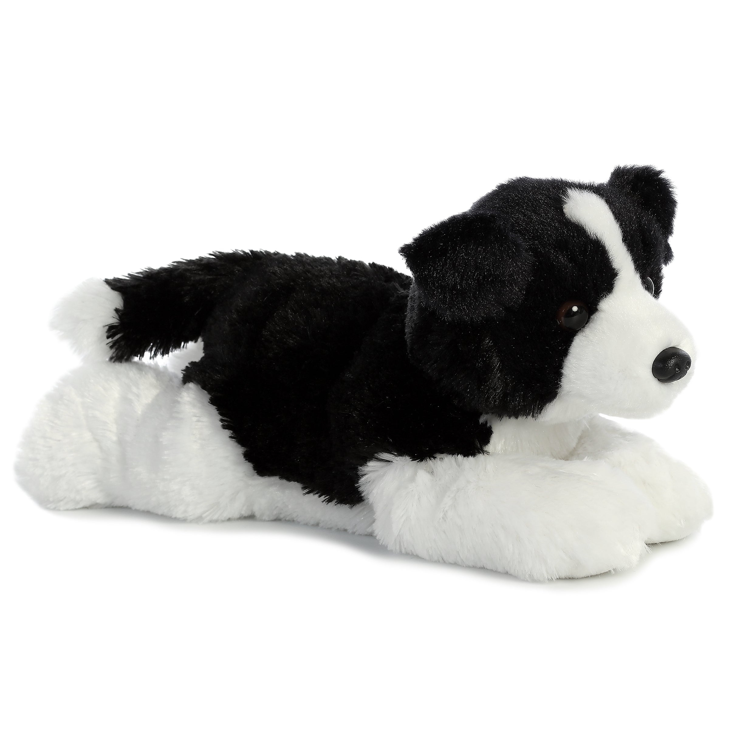 Plush toy of a black and white Border Collie stuffed animal with soft fur and alert, friendly eyes.