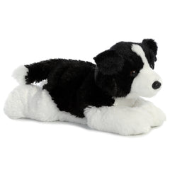 Plush toy of a black and white Border Collie stuffed animal with soft fur and alert, friendly eyes.