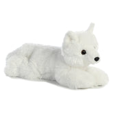 Plush toy of a white Arctic fox stuffed animal with soft fur, small ears, and a fluffy tail by Aurora plush.