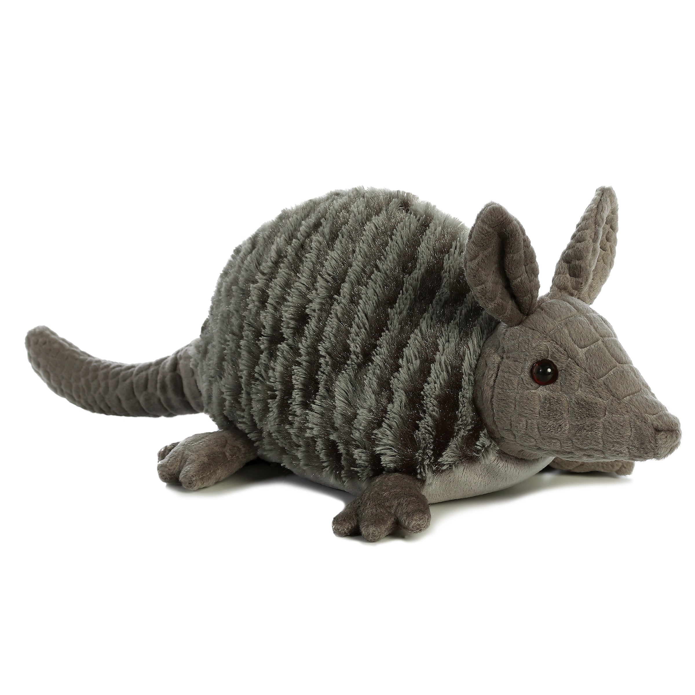 A gray armadillo plsuh toy with soft body and ridged back for lifelike charm by Aurora stuffed animals.