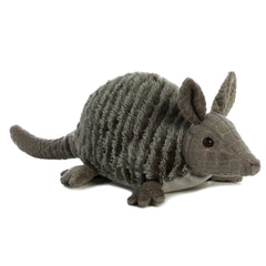 A gray armadillo plsuh toy with soft body and ridged back for lifelike charm by Aurora stuffed animals.