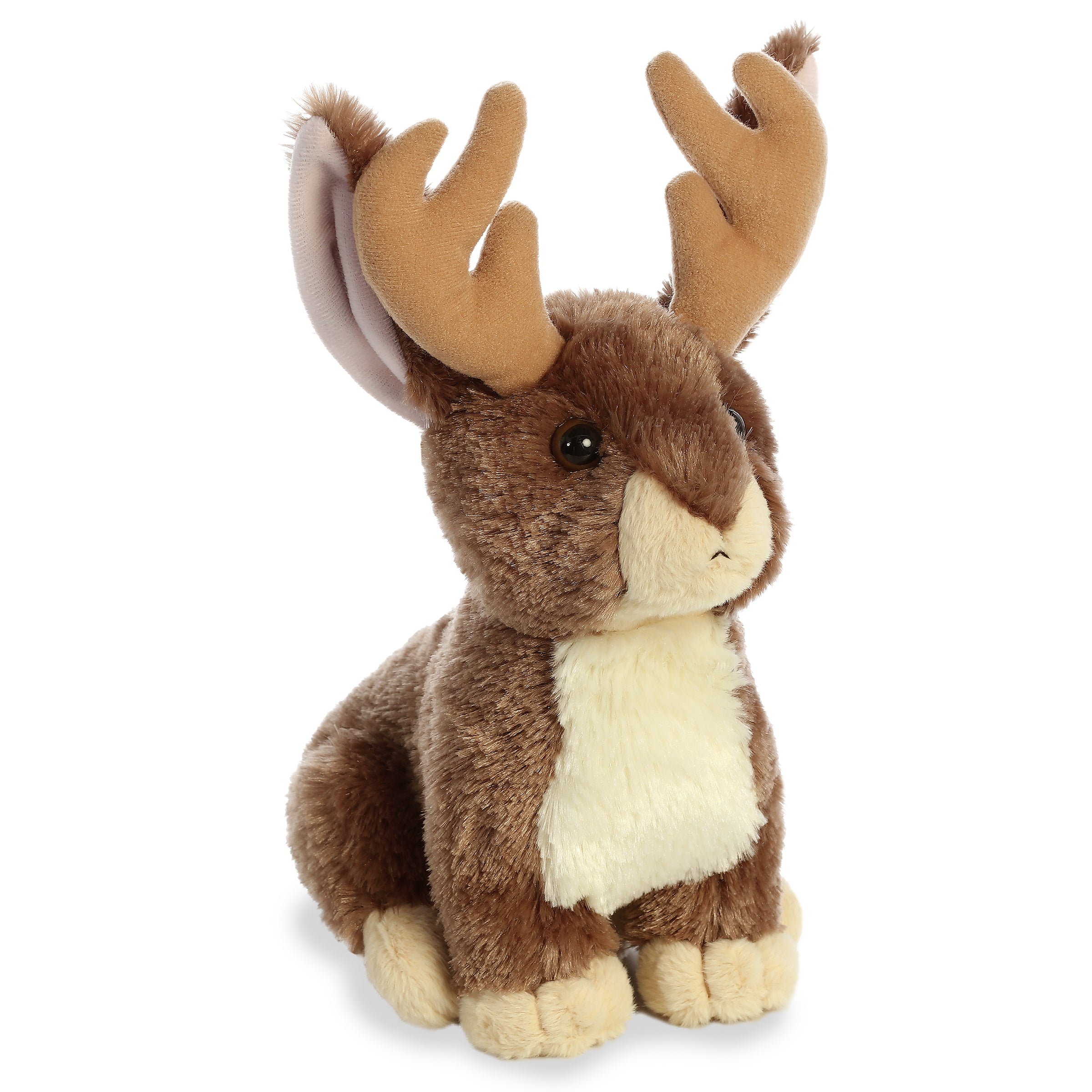 Plush toy of a jackalope with tall ears and small antlers, made with soft cuddly fur by Aurora stuffed animals.