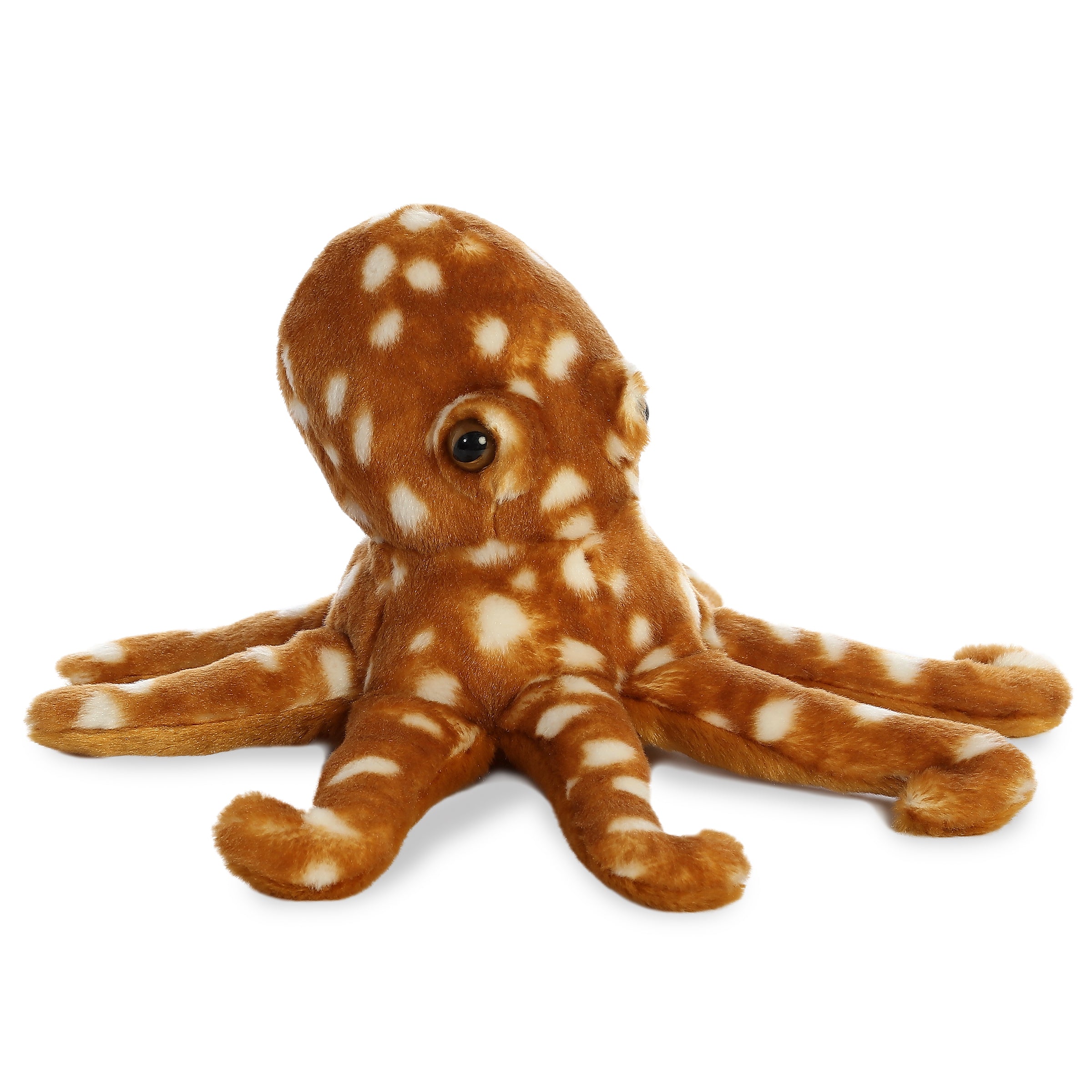 Plush toy of a soft octopus with eight plush tentacles and a spotted brown-and-white pattern.