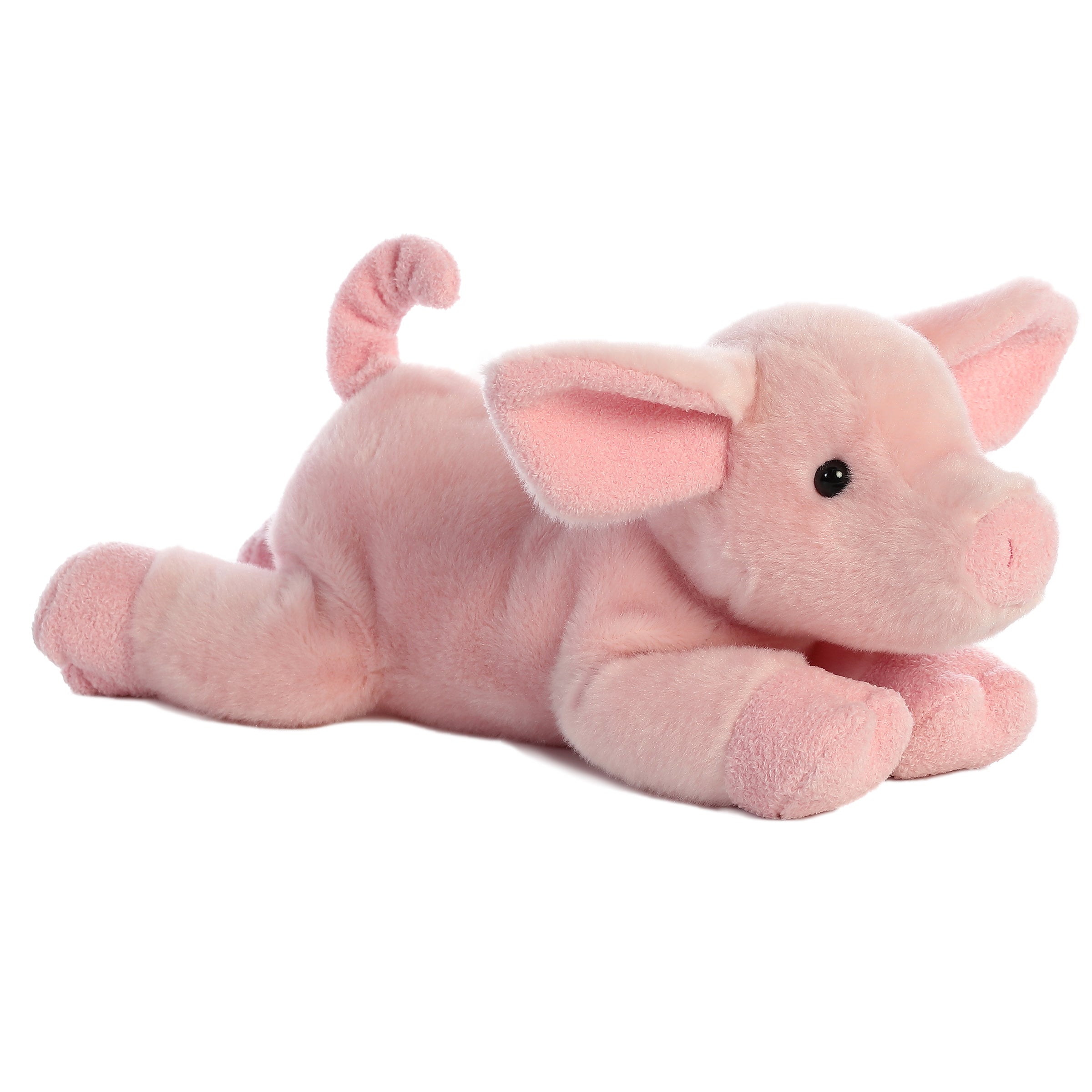 Plush toy of a pink piglet with a curly tail and expressive eyes, made for cuddling.
