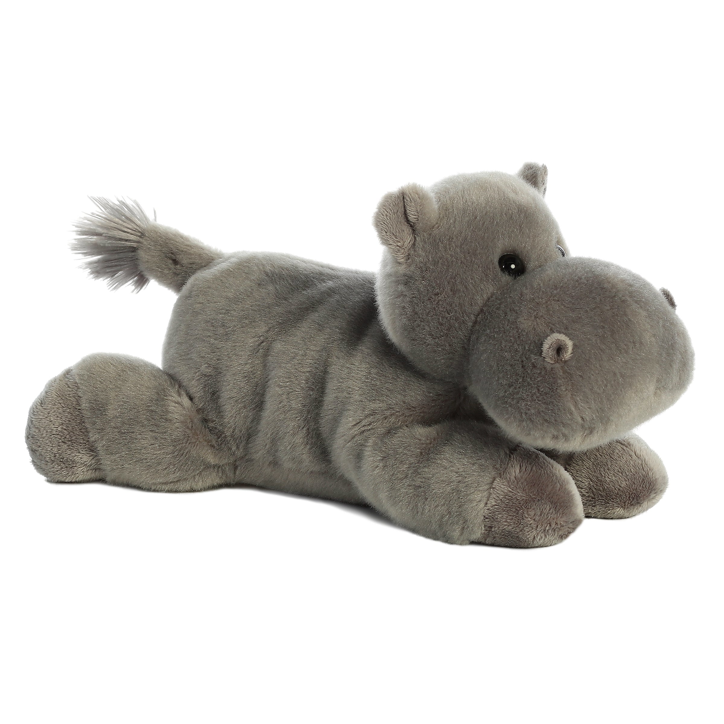 A gray hippo plush toy with soft fur and round snout, ready for snuggles by Aurora stuffed animals.