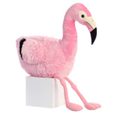 A large pink flamingo plush toy from Aurora with long legs, soft fur, and a black-tipped curved beak.