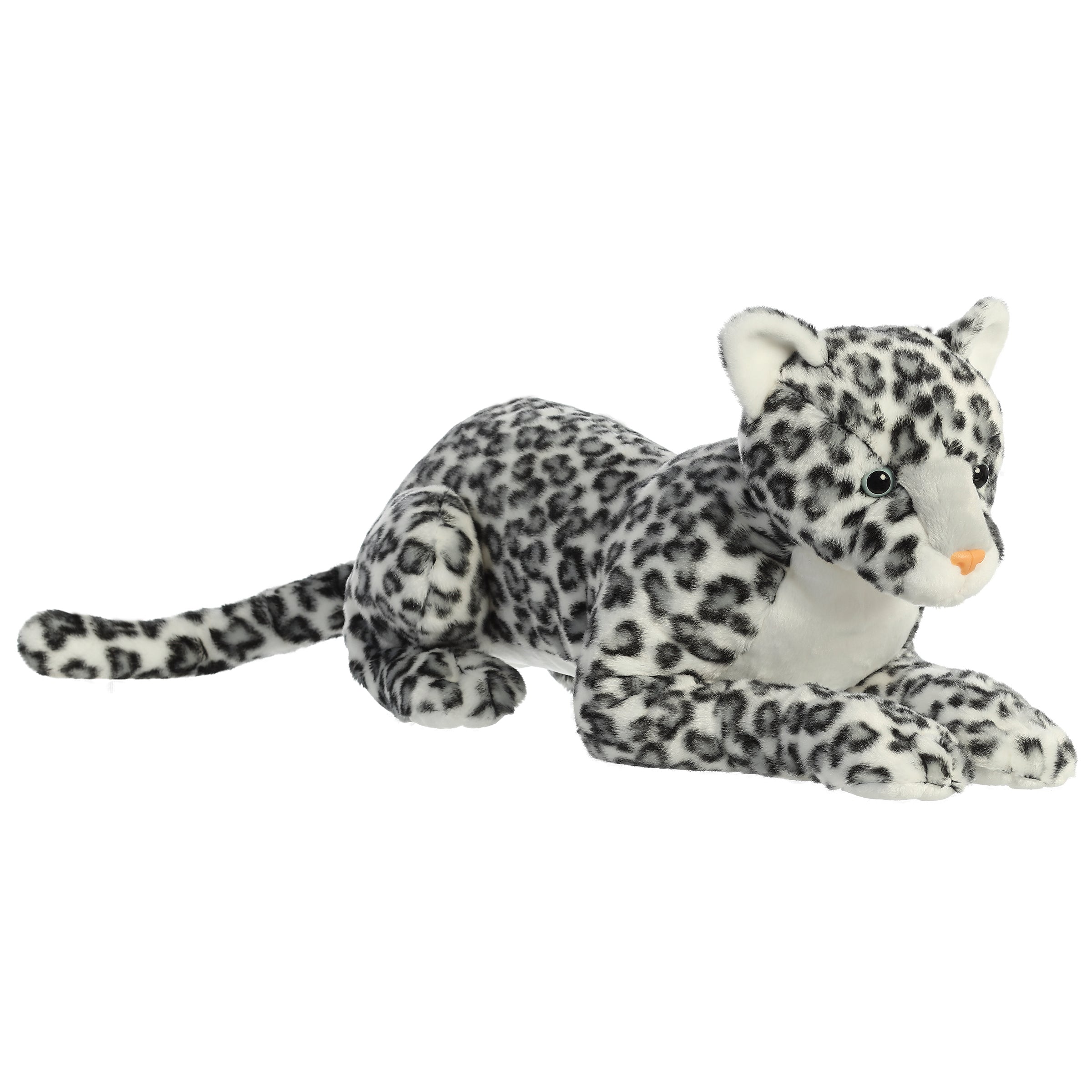 A large snow leopard plush toy from Aurora with soft white fur, grey shading, and black leopard spots.