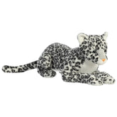 A large snow leopard plush toy from Aurora with soft white fur, grey shading, and black leopard spots.