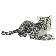 A large snow leopard plush toy from Aurora with soft white fur, grey shading, and black leopard spots.