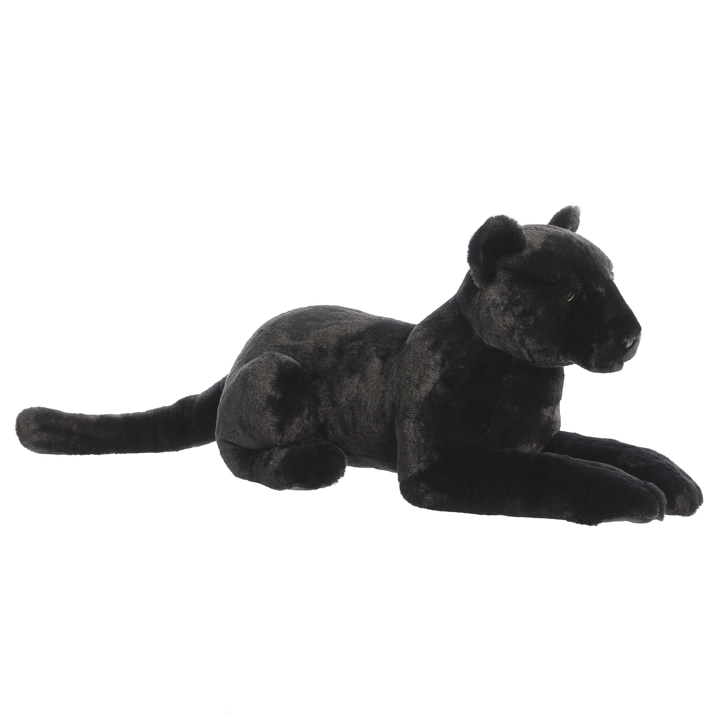Lifelike black panther plush with piercing green eyes and muscular form, part of the Super Flopsie collection, by Aurora.