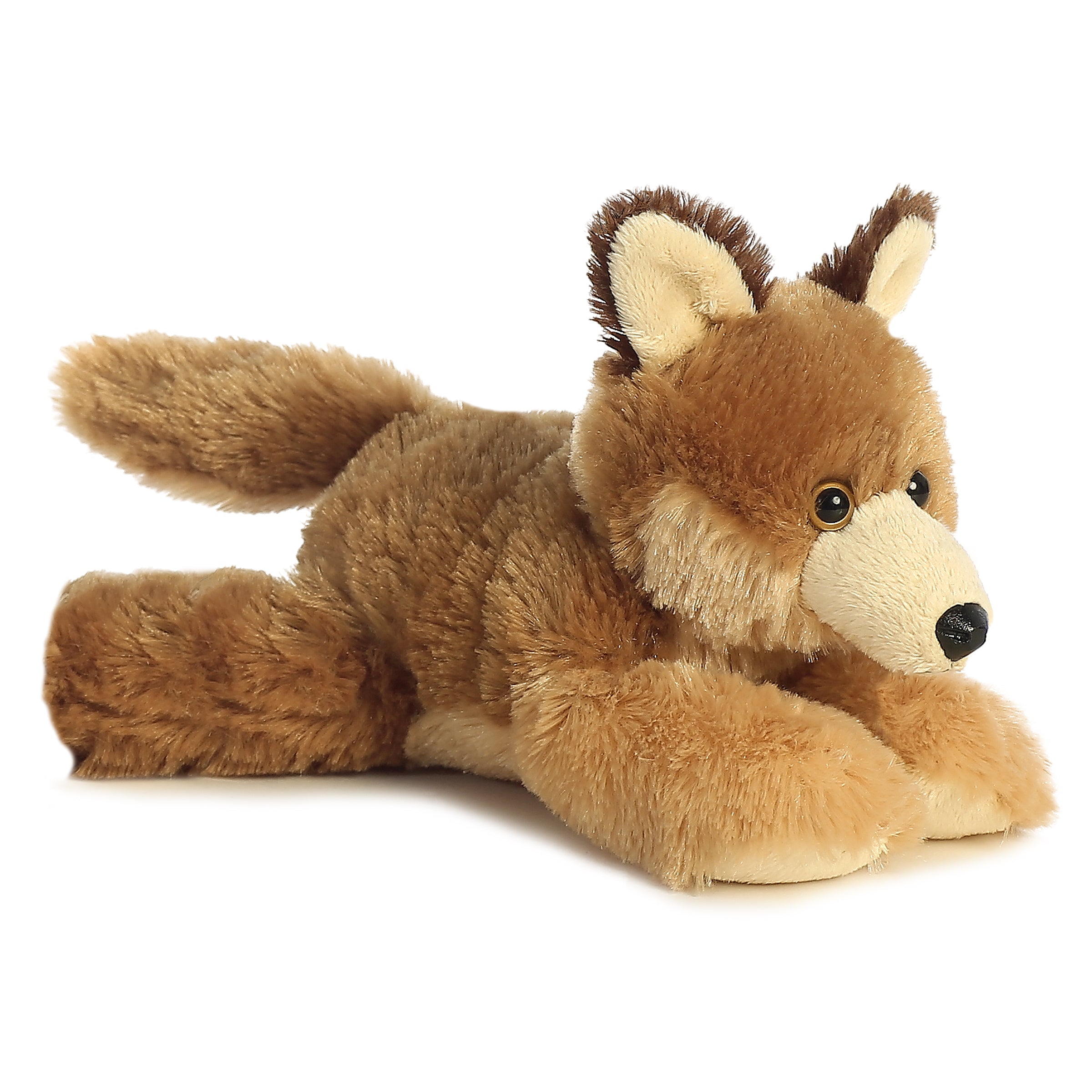 A light brown coyote plush toy from Mini Flopsie by Aurora with white accents and expressive eyes.