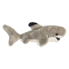 A gray shark plush from Mini Flopsie by Aurora with a black-tipped fin and sleek body.