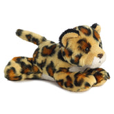 A jaguar plush from Mini Flopsie by Aurora with black and orange spots and velvety fur.