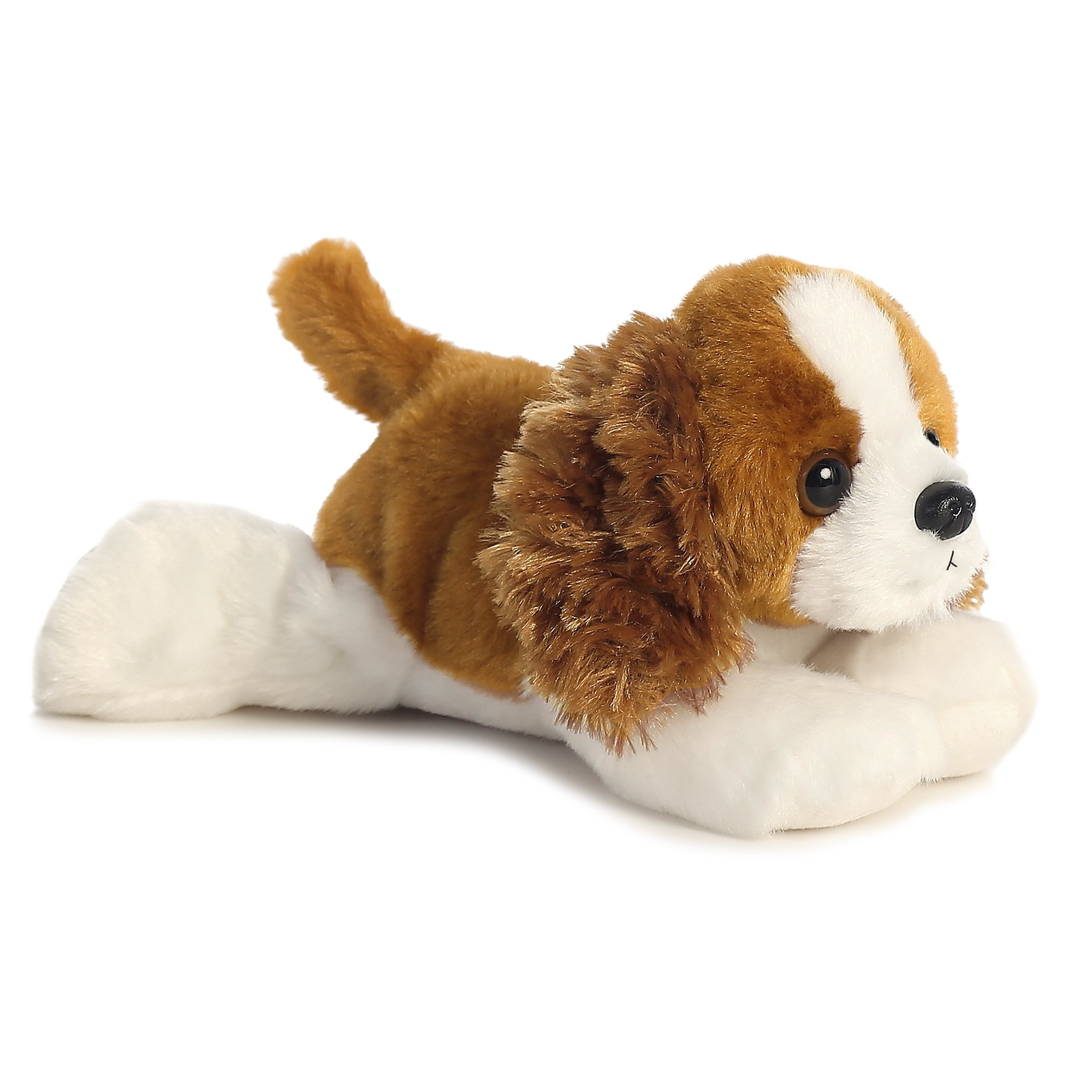 A chestnut and white spaniel plush toy from Mini Flopsie with floppy ears and expressive eyes.