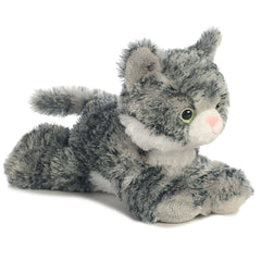 A gray-striped tabby kitten plush toy from Mini Flopsie with green eyes and a pink nose.