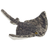 A gray stingray plush toy from Mini Flopsie with a speckled body and wide, smooth fins