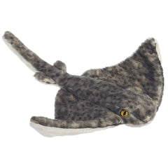 A gray stingray plush toy from Mini Flopsie with a speckled body and wide, smooth fins