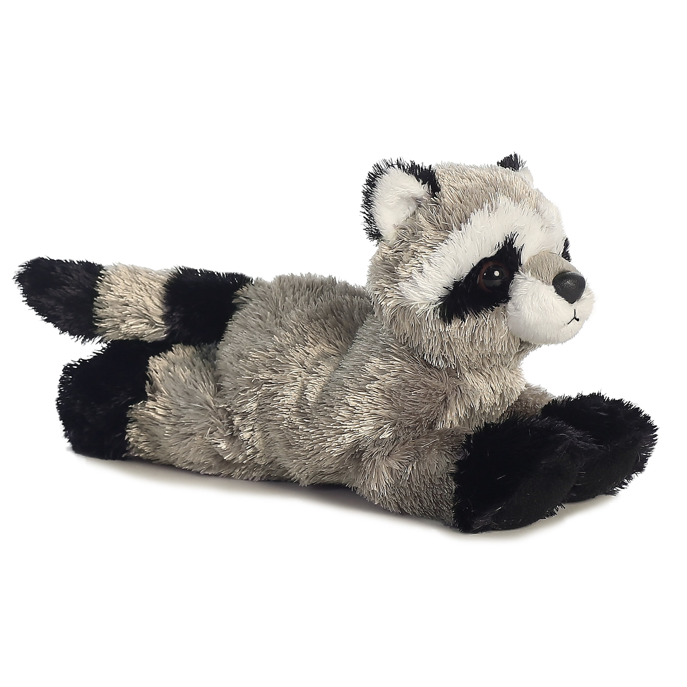 A gray raccoon plush toy from Mini Flopsie by Aurora with a striped tail and a black eye mask.
