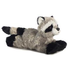 A gray raccoon plush toy from Mini Flopsie by Aurora with a striped tail and a black eye mask.