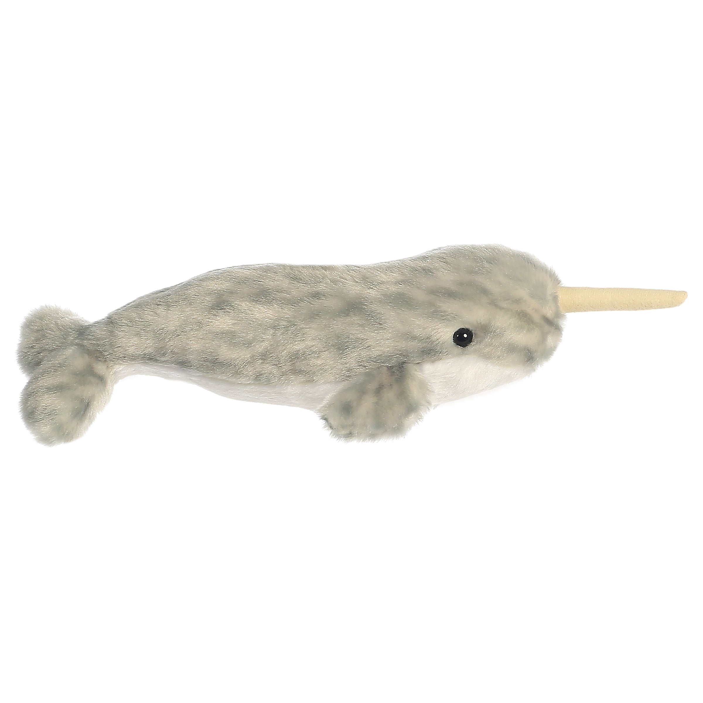 A speckled gray narwhal plush toy from Mini Flopsie by Aurora with a soft body and a long, spiraled tusk