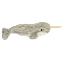 A speckled gray narwhal plush toy from Mini Flopsie by Aurora with a soft body and a long, spiraled tusk