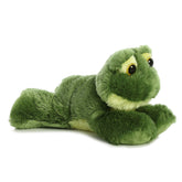 A green frog plush toy from Mini Flopsie by Aurora with yellow accents and a playful look.