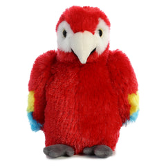 A red plush scarlet macaw from Mini Flopsie by Aurora with yellow and blue wing accents.