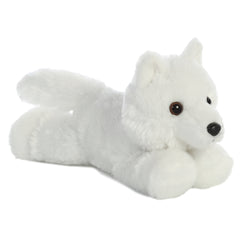 A white wolf plush from Mini Flopsie by Aurora with soft fur and an attentive expression.