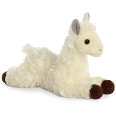 A white llama plush from Mini Flopsie by Aurora with soft fur, dark hooves, and delicate ears.