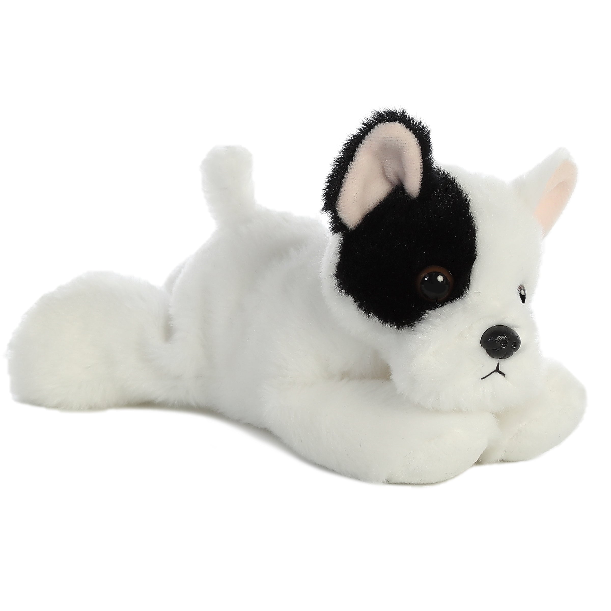 A white French Bulldog plush from Mini Flopsie by Aurora with a black patch over one eye and soft fur.