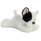 A white French Bulldog plush from Mini Flopsie by Aurora with a black patch over one eye and soft fur.