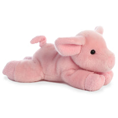 A pink plush piglet toy from the Aurora Flopsie collection with a curly tail and floppy ears.