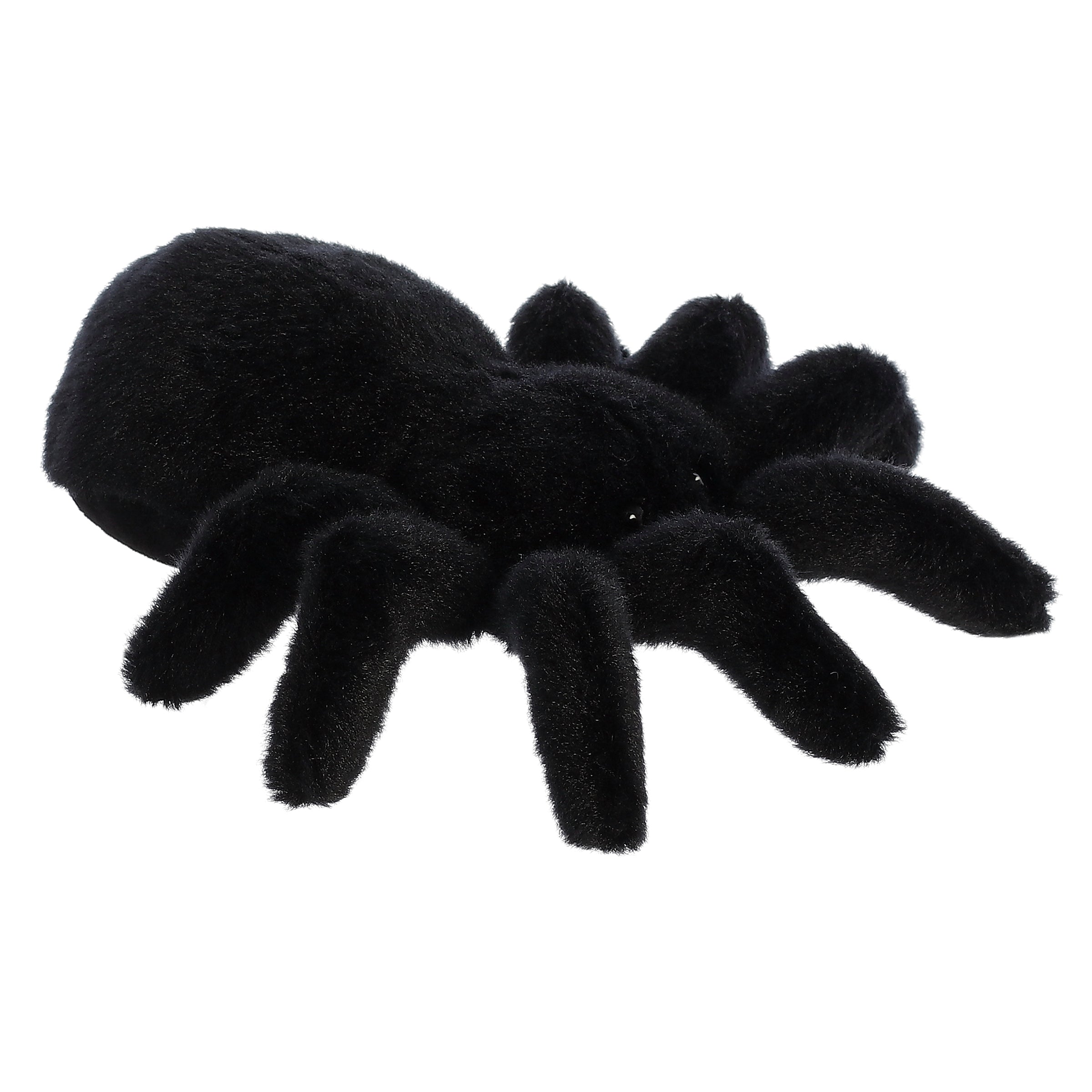 A black tarantula plush from Mini Flopsie by Aurora with eight legs and a realistic spider design.