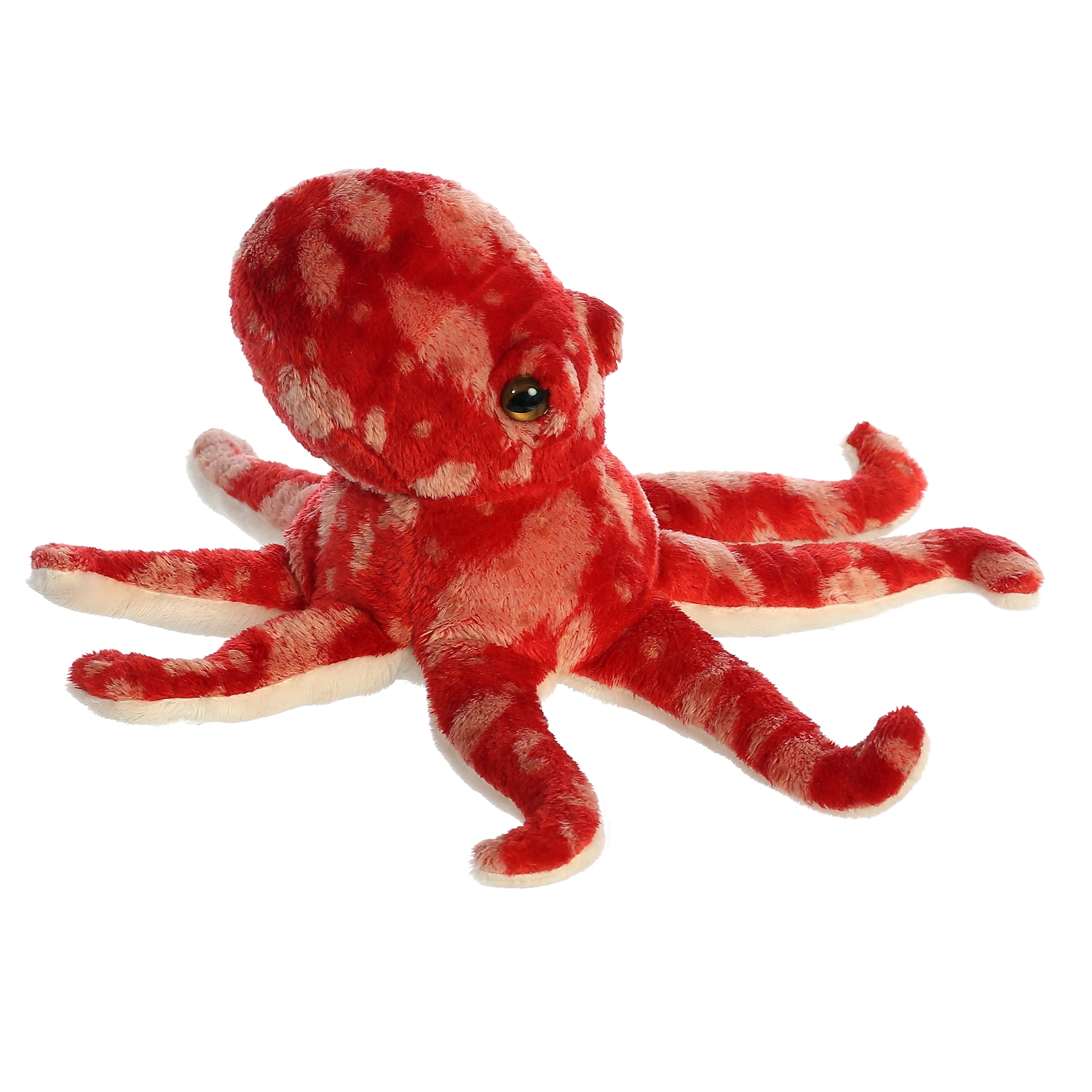 Red octopus plush animals from Mini Flopsie by Aurora with soft tentacles and unique patterned fabric.