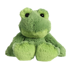 A green frog plush toy from Mini Flopsie by Aurora with soft fur and a sweet expression.