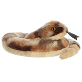 A brown rattlesnake plush snake toy from Mini Flopsie by Aurora with lifelike patterns and a rattle at the tail.