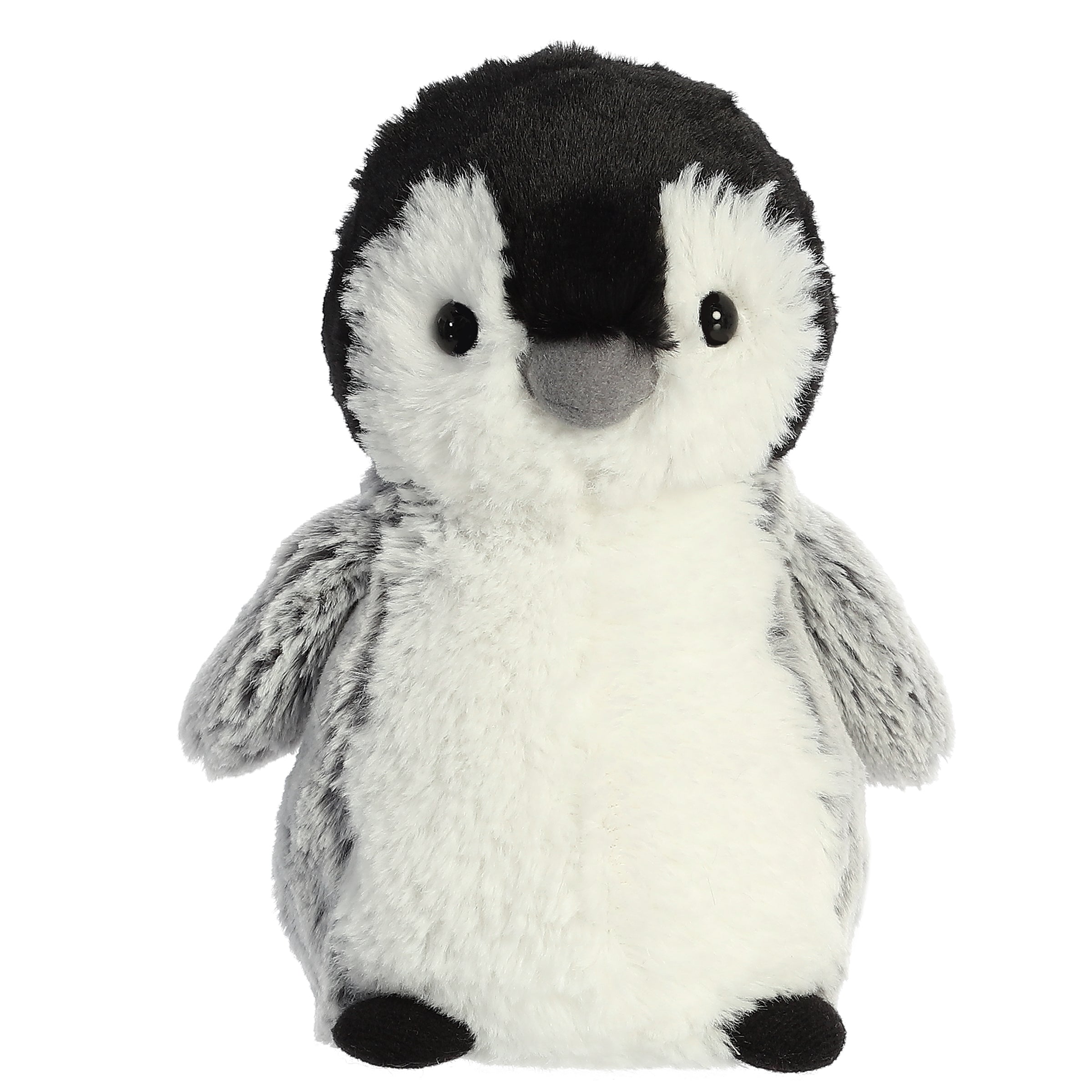 A black and white penguin stuffed animal from Mini Flopsie by Aurora with fluffy fur and round eyes.