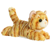 An orange-striped cat plush toy from Mini Flopsie by Aurora with green eyes and a playful look.