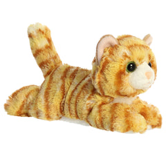An orange-striped cat plush toy from Mini Flopsie by Aurora with green eyes and a playful look.