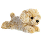 A golden retriever stuffed animal from Mini Flopsie by Aurora with floppy ears and sweet, expressive eyes