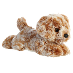 A brown labrador dog toy from Mini Flopsie by Aurora with floppy ears and a soft, huggable body.