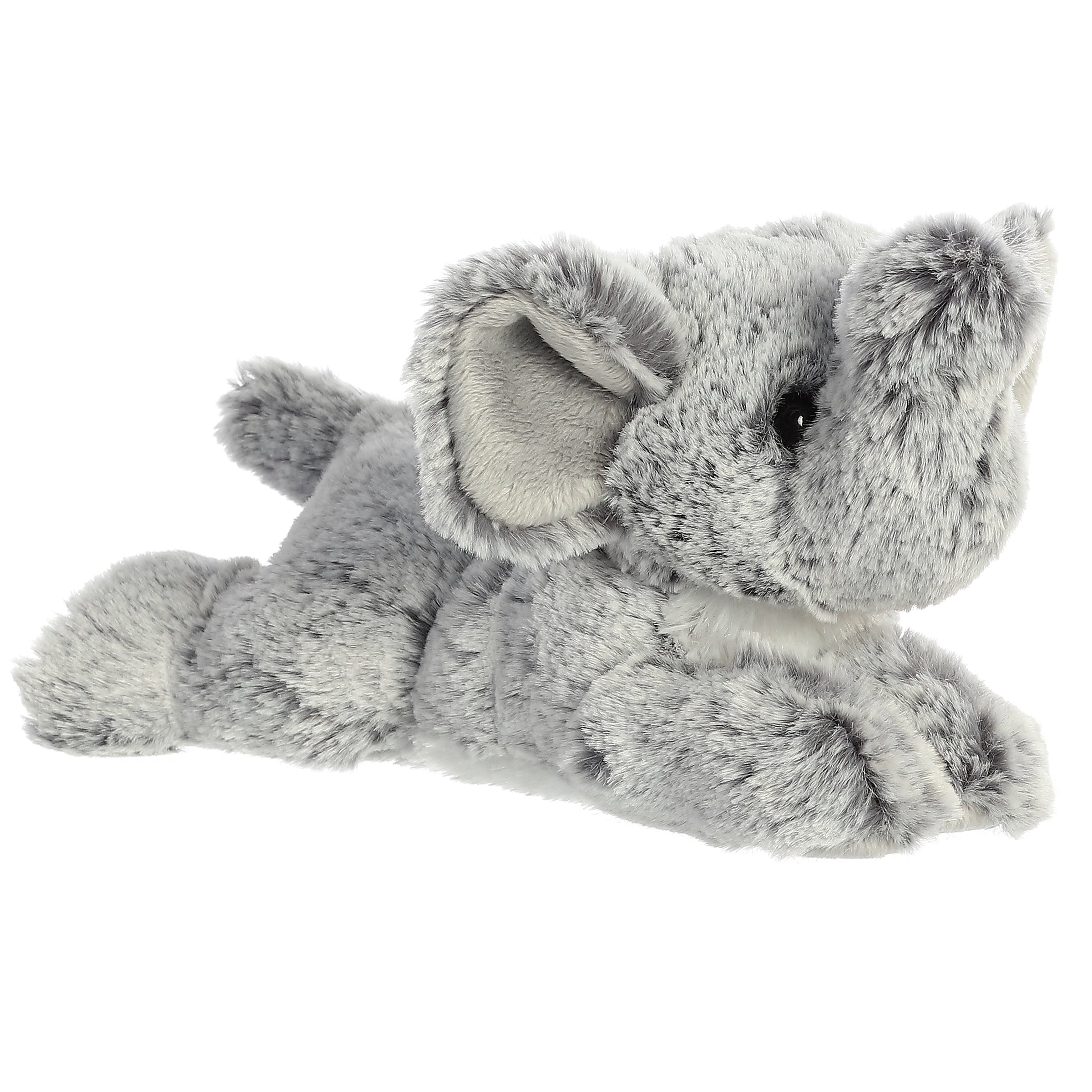 A grey elephant plush from Mini Flopsie by Aurora with large floppy ears and a soft trunk.