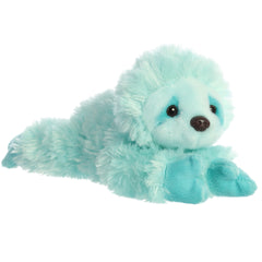 A mint green sloth plush from Mini Flopsie by Aurora with soft fur and a sleepy expression.