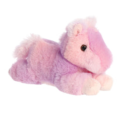 A colorful Rainbow Pony plush with vibrant pink and purple hues and a soft light pink mane and tail from Mini Flopsie.