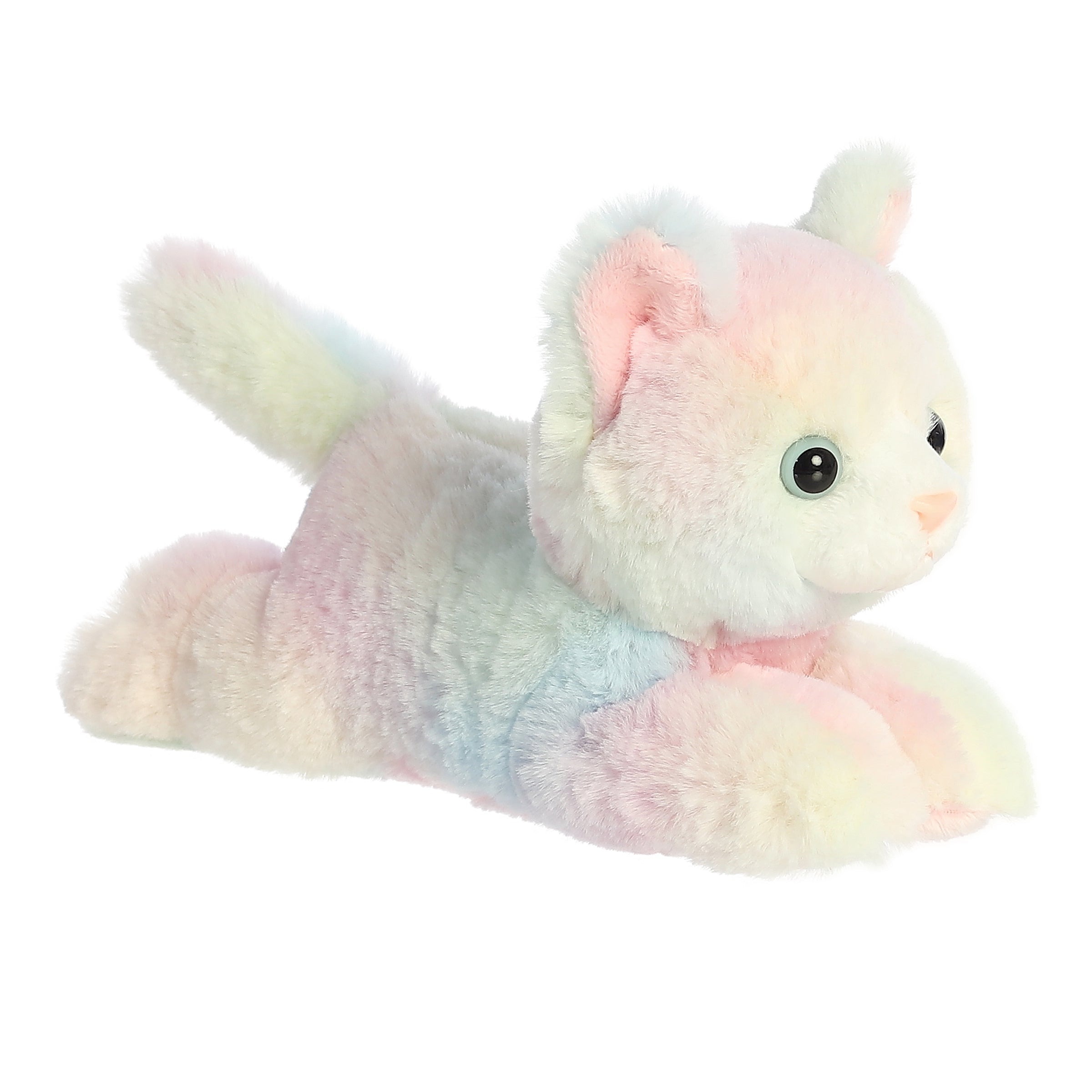 A vibrant Rainbow Kitten plush adorned with a colorful spectrum of pink, blue, and purple hues from Mini Flopsie.