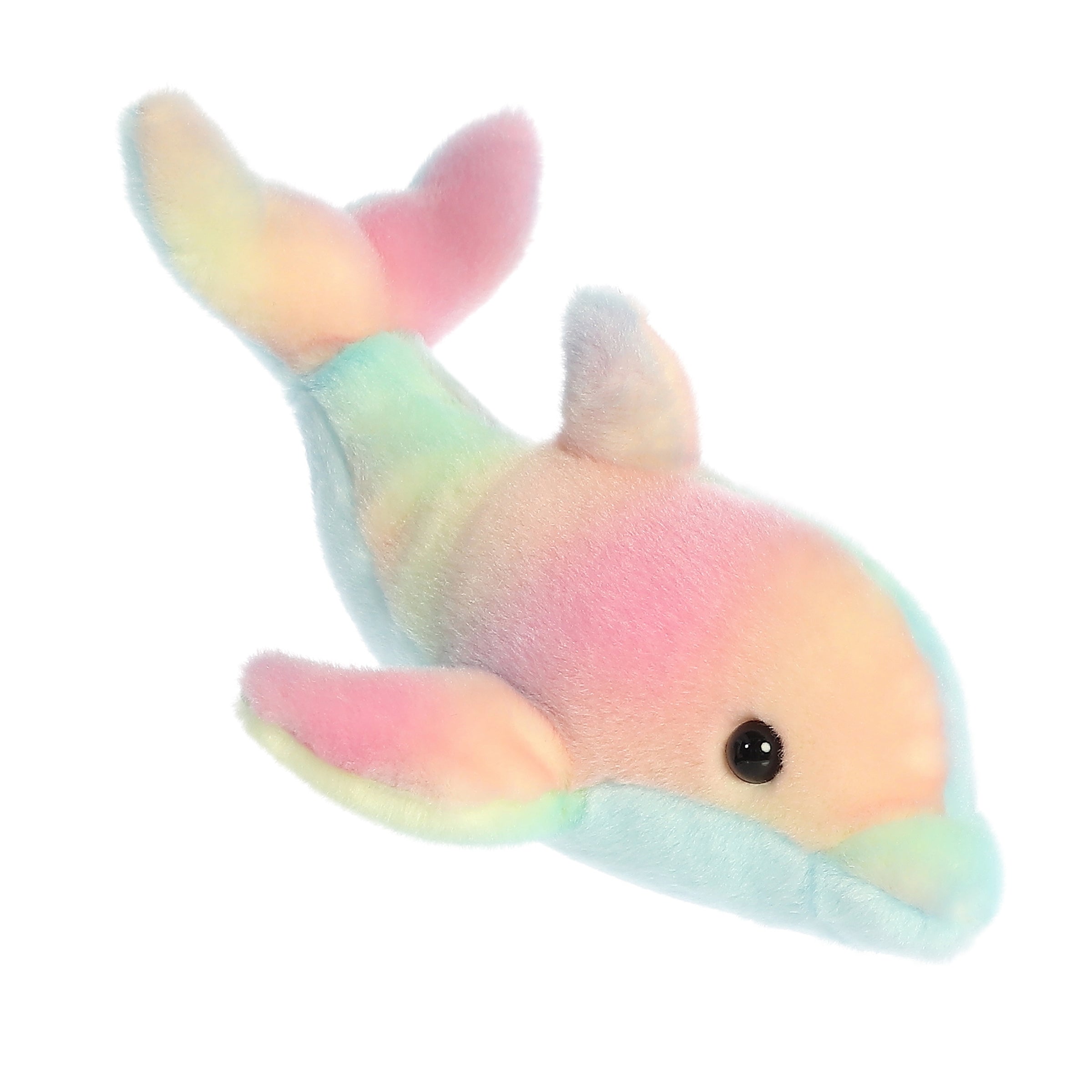 Colorful Rainbow Dolphin plush with a vibrant blue underside, inviting playful and cuddly adventures with enchanting eyes.
