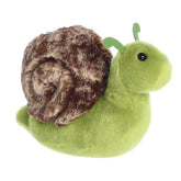 Adorable slow snail stuffed animal plush with a vibrant green body and soft brown shell for cuddly adventures.