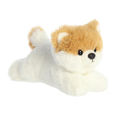 Sweet Pom The Pup stuffed animal plush with white and almond fluff, a charming and snuggly laying down Pomeranian